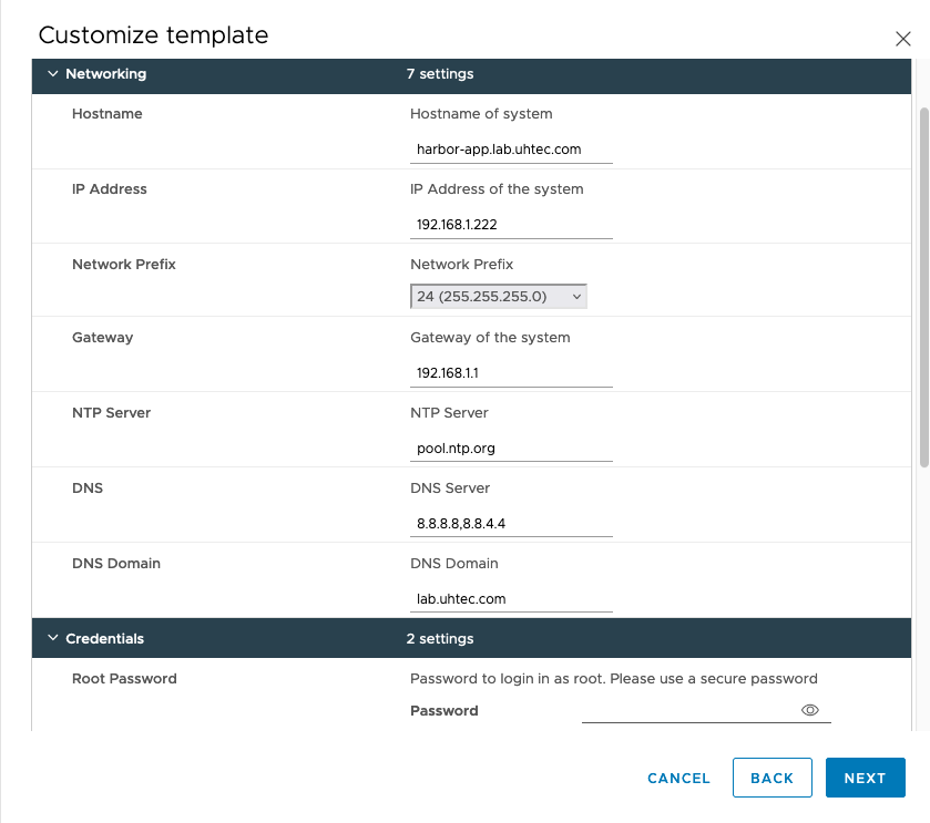 Harbor OVA settings for network and credentials