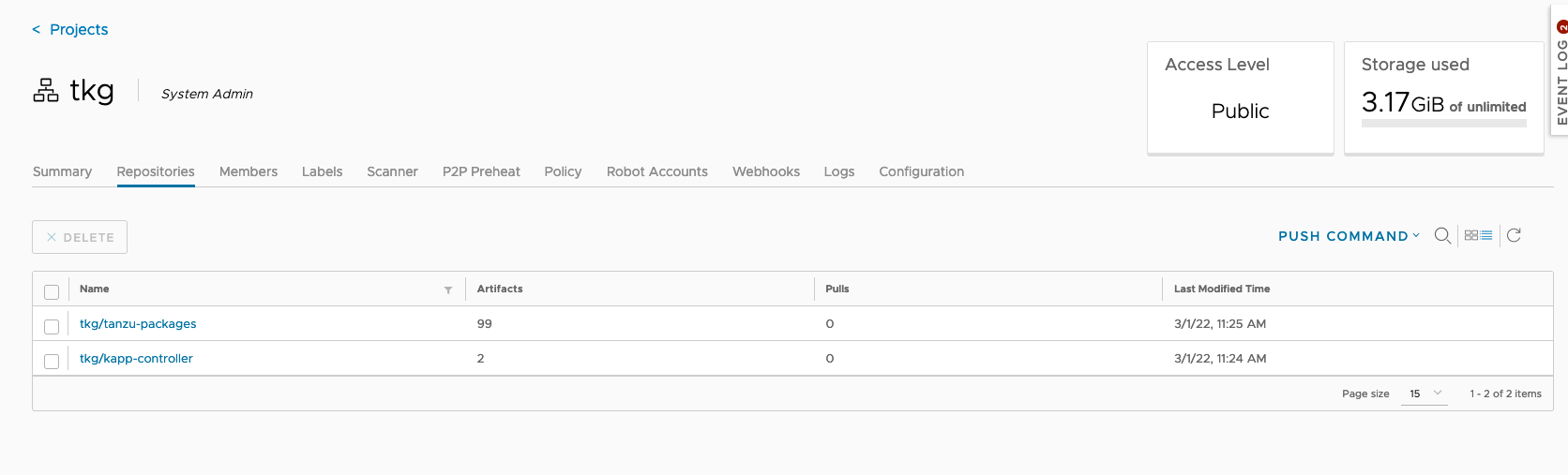 Harbor tkg project containing the Tanzu packages