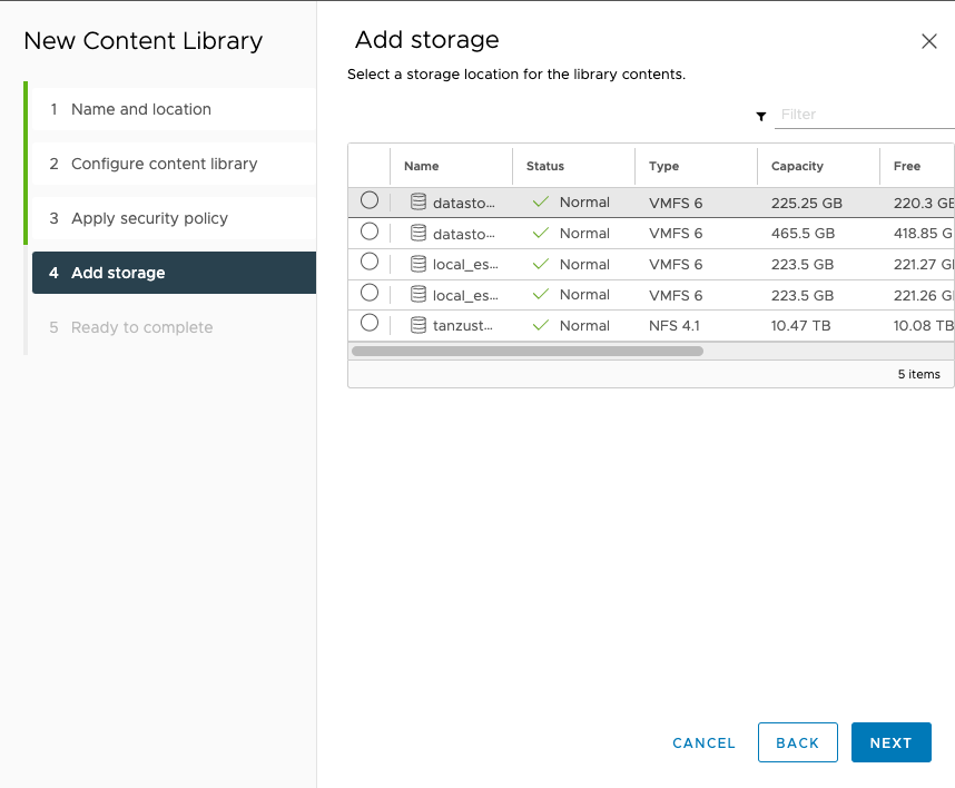 Create Content Library storage
