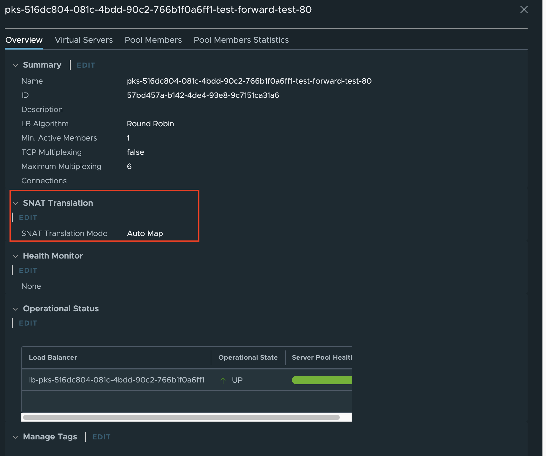 NSX-T Server Pool SNAT Profile set to AutoMap